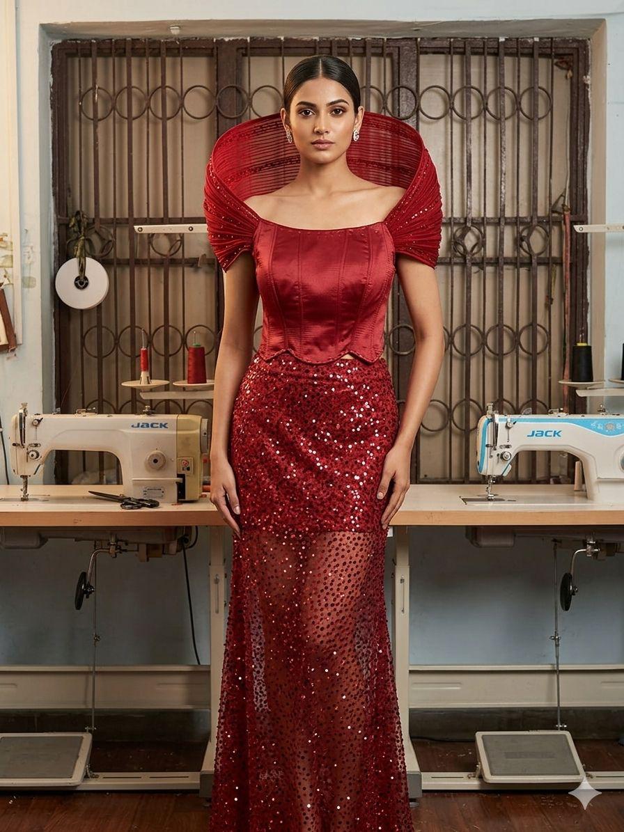 Sculpted Collar Sequin Gown