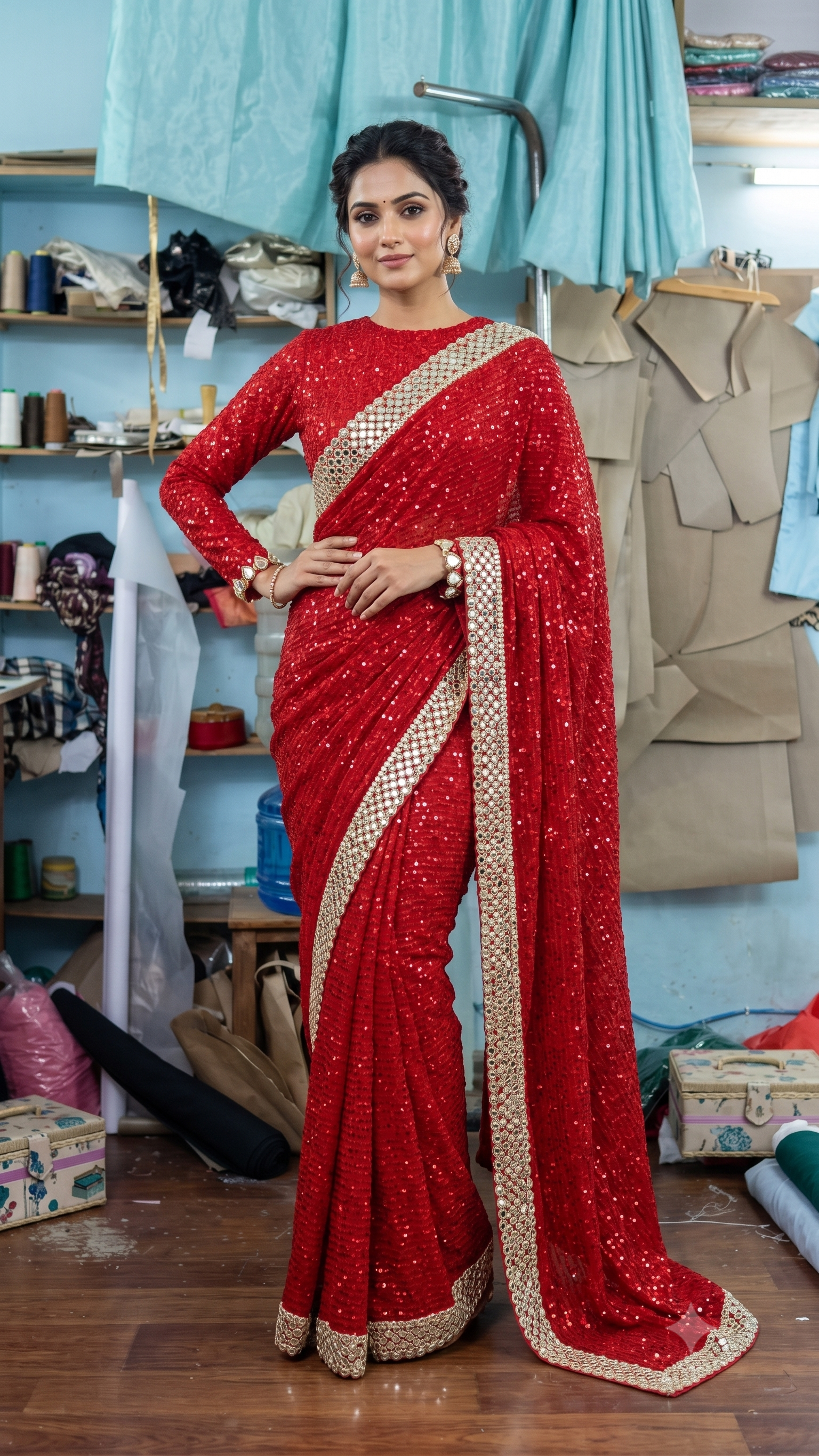 Crimson Sequin Saree with Mirror Border
